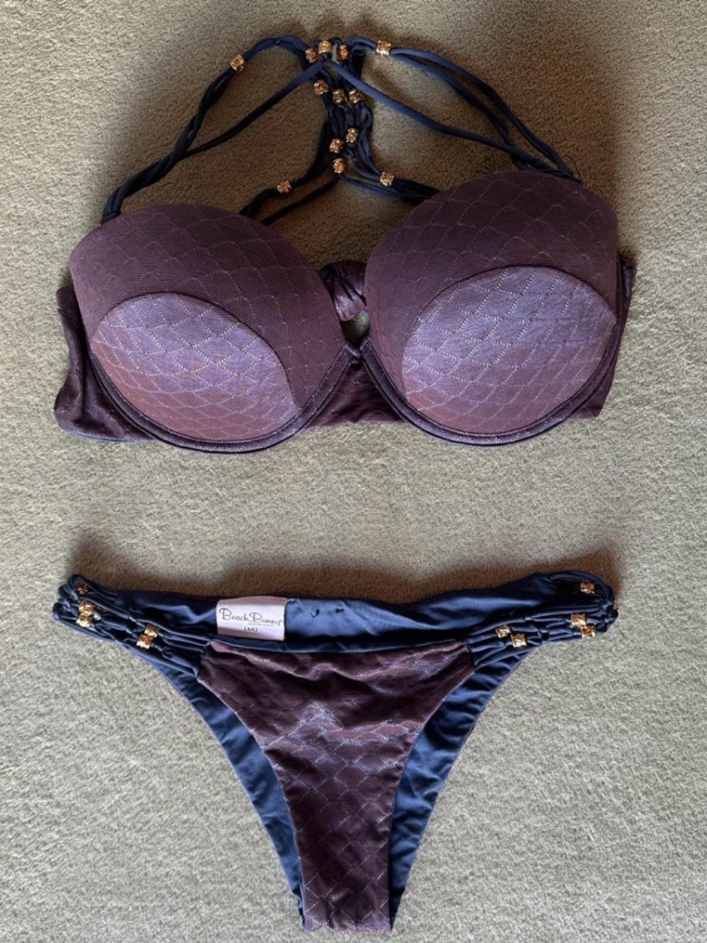 Beach Bunny Quilted Dark Purple Two-Piece Bikini with Gold Bead Accents